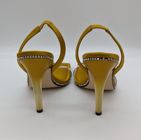 New! GOOD AMERICAN Crystal Crush Lucite Sandal Heels Gold Clear size 8.5 - Picture 6 of 10